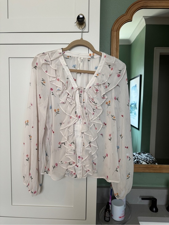 Anthropologie Tops - Anthropologie Women's White Floral Ruffle Tie-Front Blouse